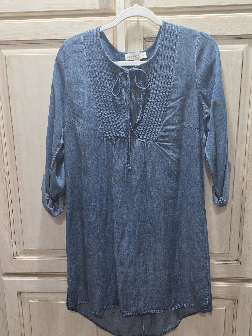 Love Stitch Denim Pintuck Tie-Front Tunic Dress in Blue